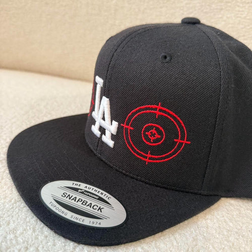 Black and red Los Angeles Dodgers bullseye crosshairs snapback hat