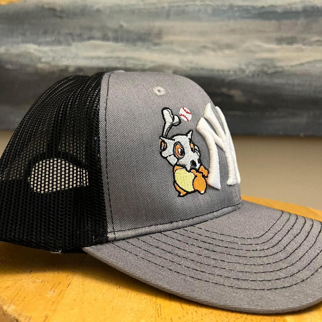 Grey and black Yankees Cubone Pokemon trucker hat