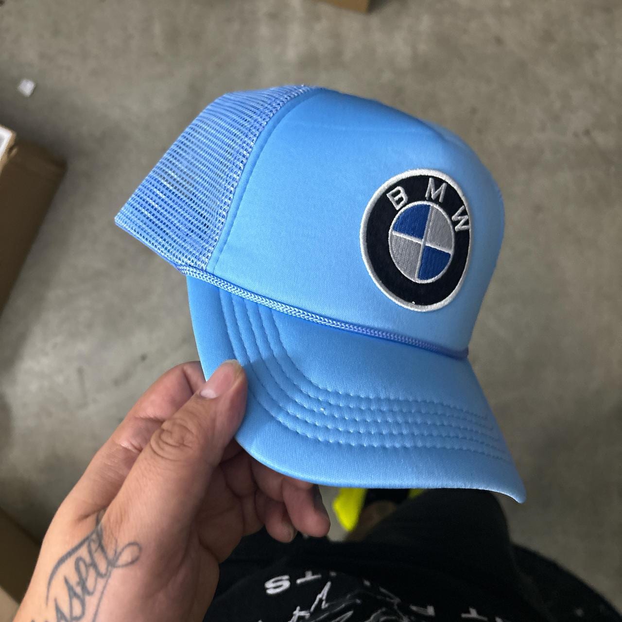 Baby blue BMW trucker hat
