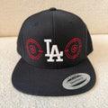 Black and red Los Angeles Dodgers bullseye crosshairs snapback hat