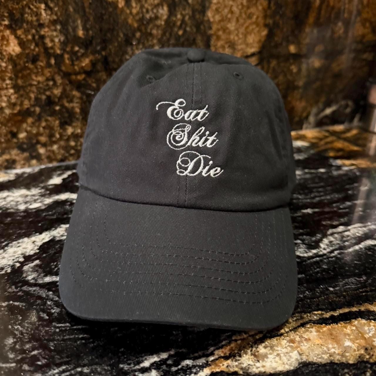 Eat sh*t die strap back hat. Live laugh love spoof dad hat